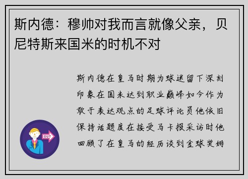 斯内德：穆帅对我而言就像父亲，贝尼特斯来国米的时机不对